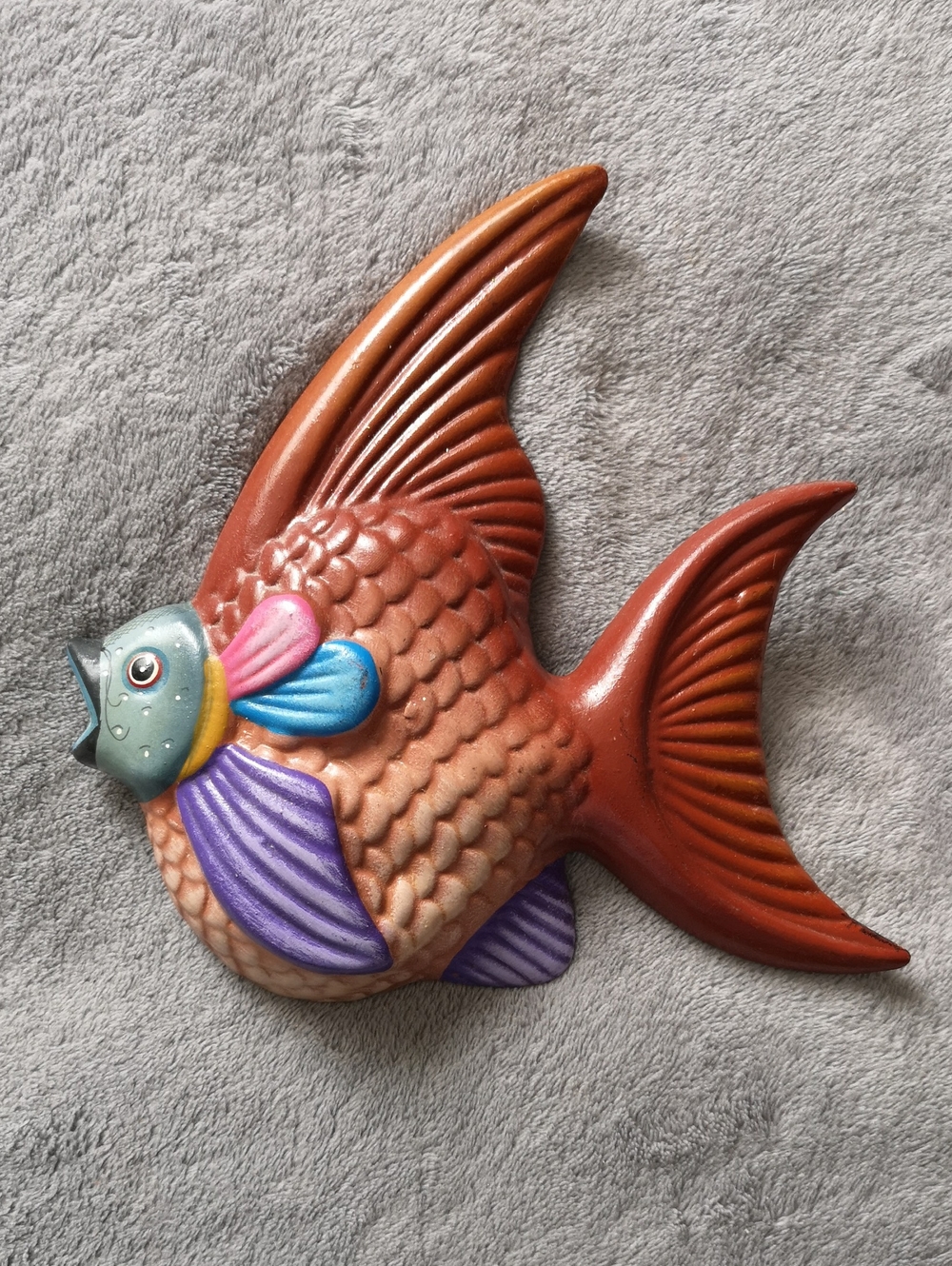 Fun Vintage Ceramic Tonala Mexico Fish Signed E Alvarez 8" Tall Wall Hanging
